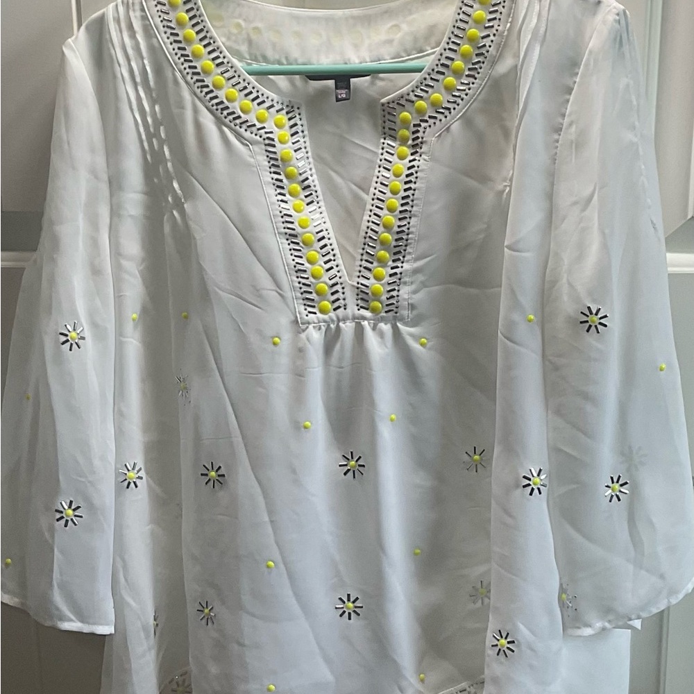 White and Yellow Embroidered Women's Top